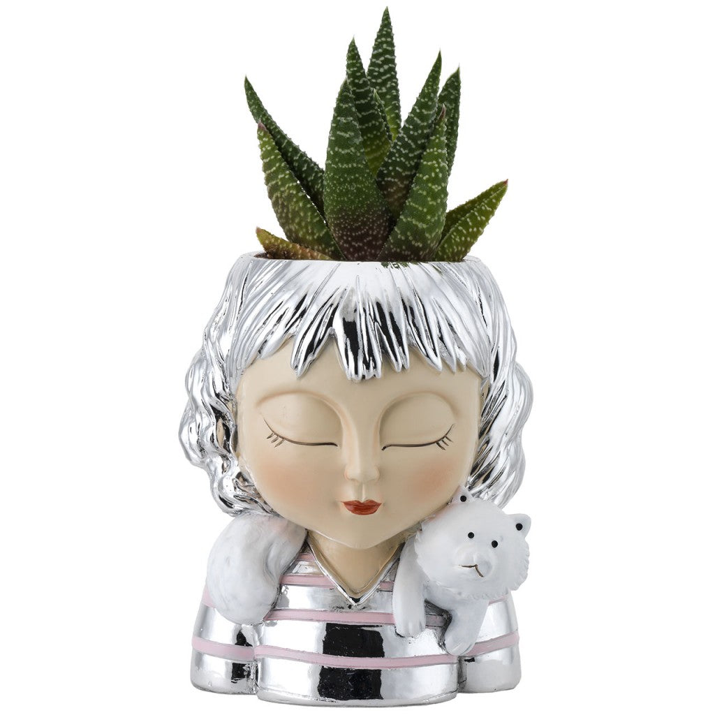 Portavaso viso di donna con gattino, bomboniera con piantina vera