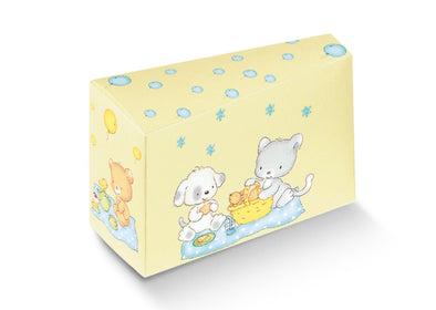 scatolina fetta di torta con palloncini azzurri e gattino cagnolino orsetto
