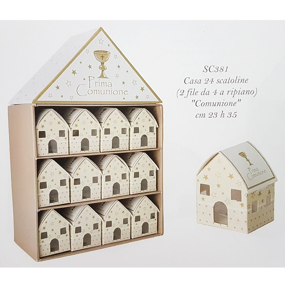 Casetta avorio con 24 scatoline portaconfetti per Comunione