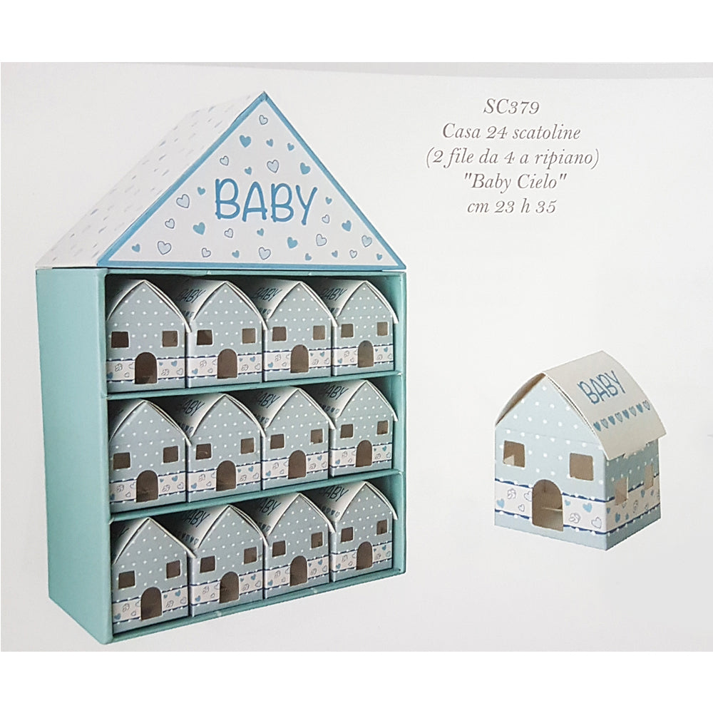 Casetta espositore con 24 scatoline portaconfetti azzurre Baby