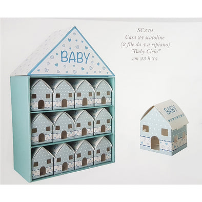 Casetta azzurra Baby con 24 scatoline portaconfetti per nascita e battesimo bimbo
