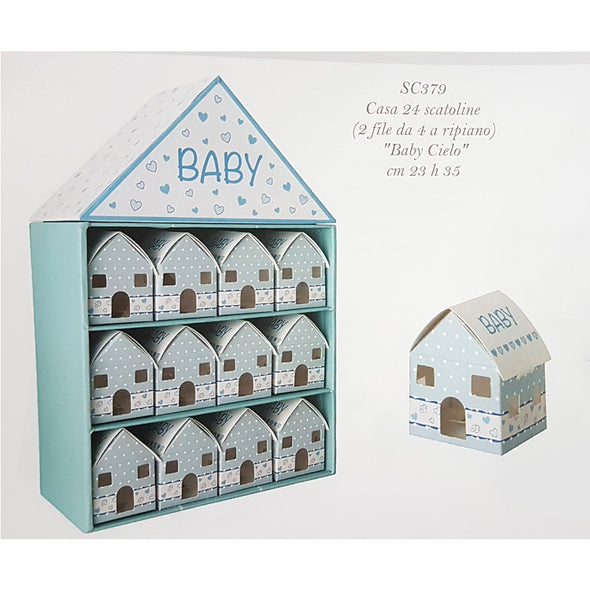 Casetta azzurra Baby con 24 scatoline portaconfetti per nascita e battesimo bimbo