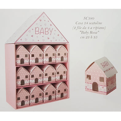 Casetta rosa Baby con 24 scatoline portaconfetti per nascita e battesimo bimba