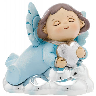 angioletto azzurro sdraiato con cuore argento, marca Bagutta, bomboniera completa di confezionamento per nascita e battesimo bimbo