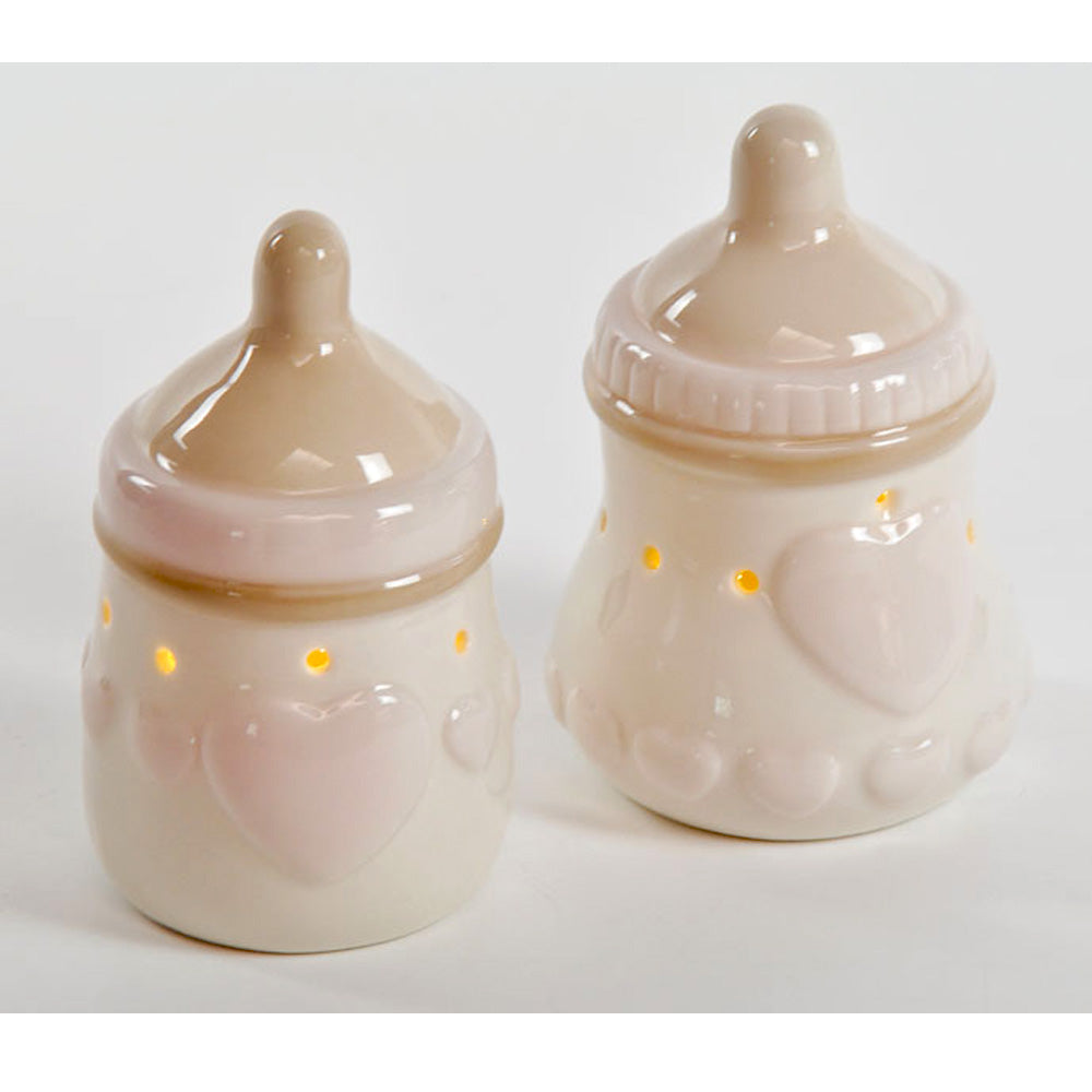 Biberon grande in porcellana bianca e rosa con led interno