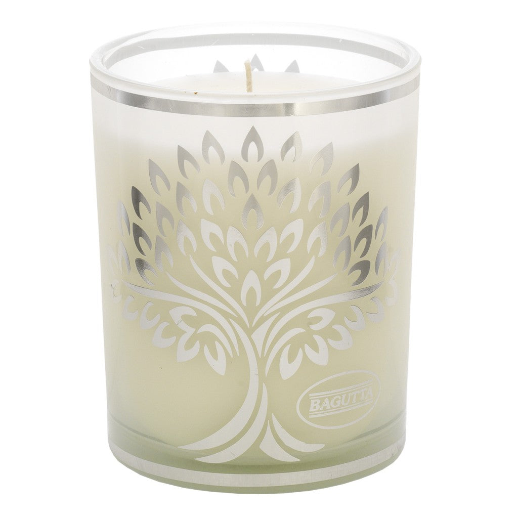 Candela aromatica alla vaniglia con albero stilizzato