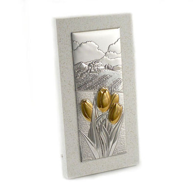 Quadretto in legno bianco con tulipani argento e oro