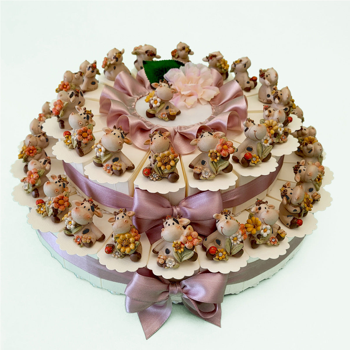 Torta Bomboniere Nascita/battesimo/compleanno Maschio – 20 Fette Con Animaletti Colorati E Centrale Salvadanaio Tartaruga, In Resina E Cartoncino, Confetti Inclusi - Foto 5