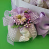 Sacchettini porta confetti a quadrettini lilla con gessetto Calice per Comunione e cesto espositore