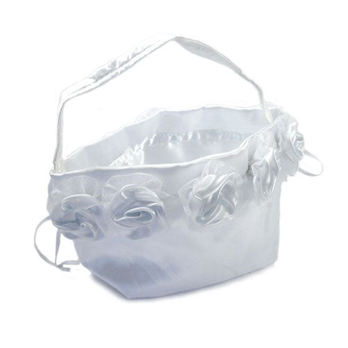 Borsetta in raso bianco e rose per confetti, petali e bomboniere