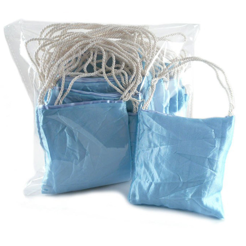 STOCK OFFERTA: 50 Borsette porta confetti in raso azzurro con cesto espositore carrozzina