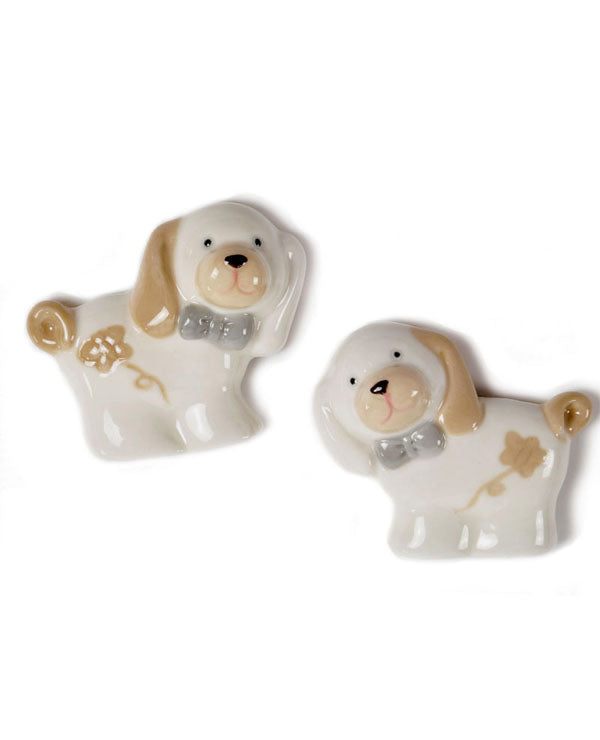 magnete cagnolino in porcellana color avorio e tortora cm 6 di lunghezza