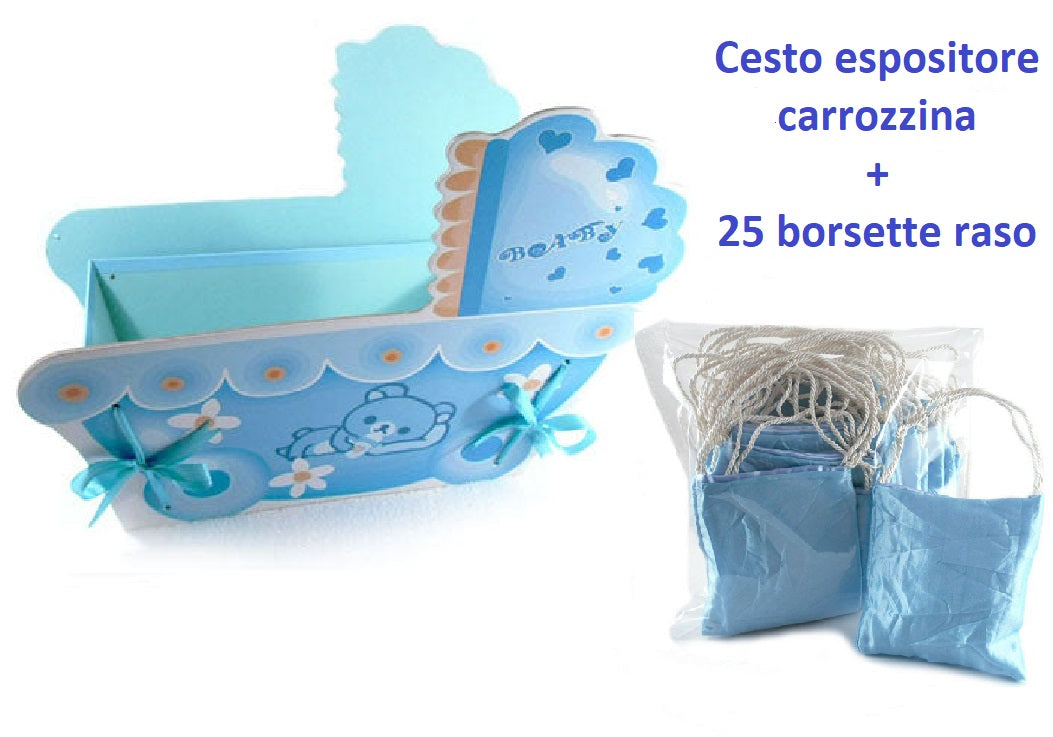 STOCK OFFERTA: 50 Borsette porta confetti in raso azzurro con cesto espositore carrozzina