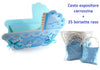 25 Borsette porta confetti in raso azzurro con cesto espositore carrozzina