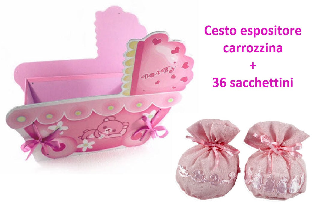 STOCK OFFERTA: 48 Sacchetti portaconfetti con cavallini e biberon rosa con cesto espositore carrozzina