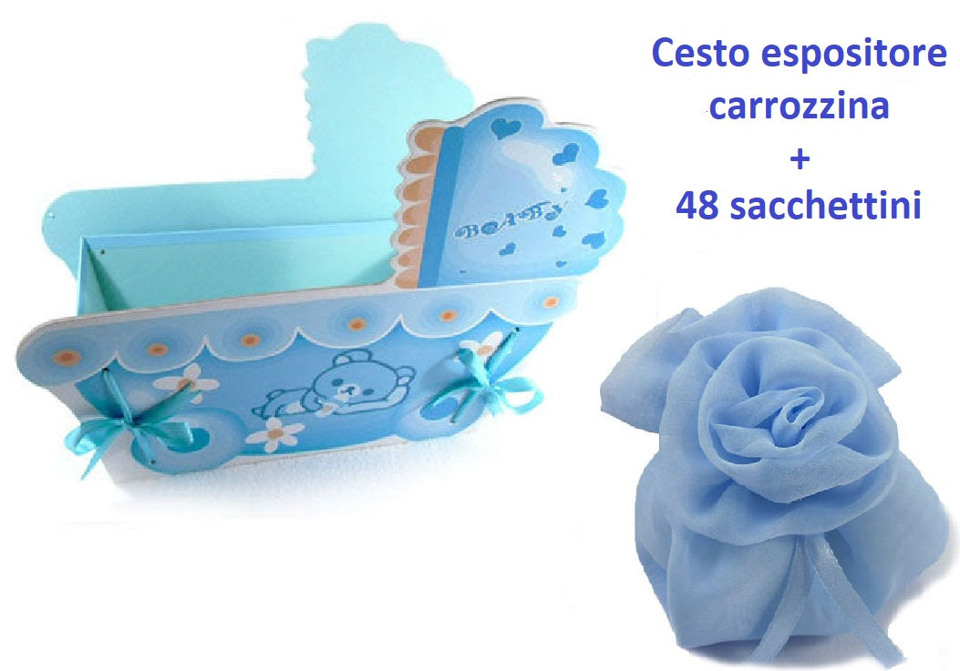 STOCK OFFERTA: 48 Sacchettini azzurri in georgette con cesto espositore carrozzina