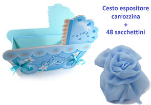 48 Sacchettini azzurri in georgette con rosa con cesto espositore carrozzina