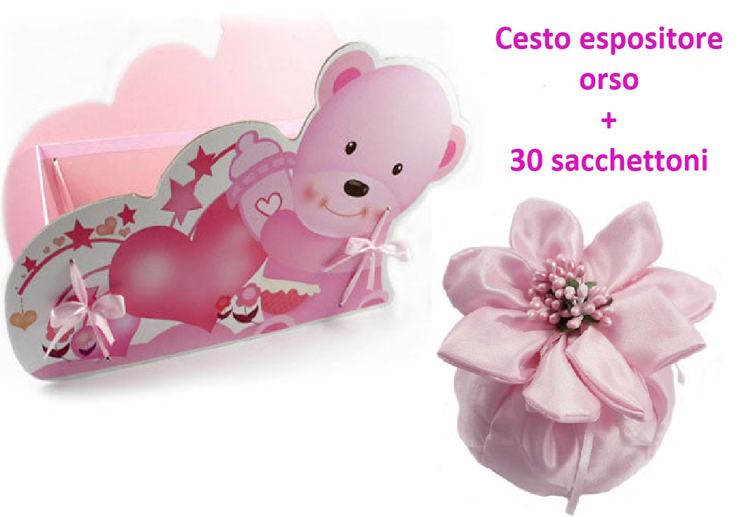Fiocco Nascita Cesto Nascita Porta prodotti Rosa Fiocco-Orsetto