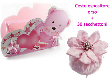 30 Sacchettoni porta confetti fiore rosa con cesto espositore orsetto