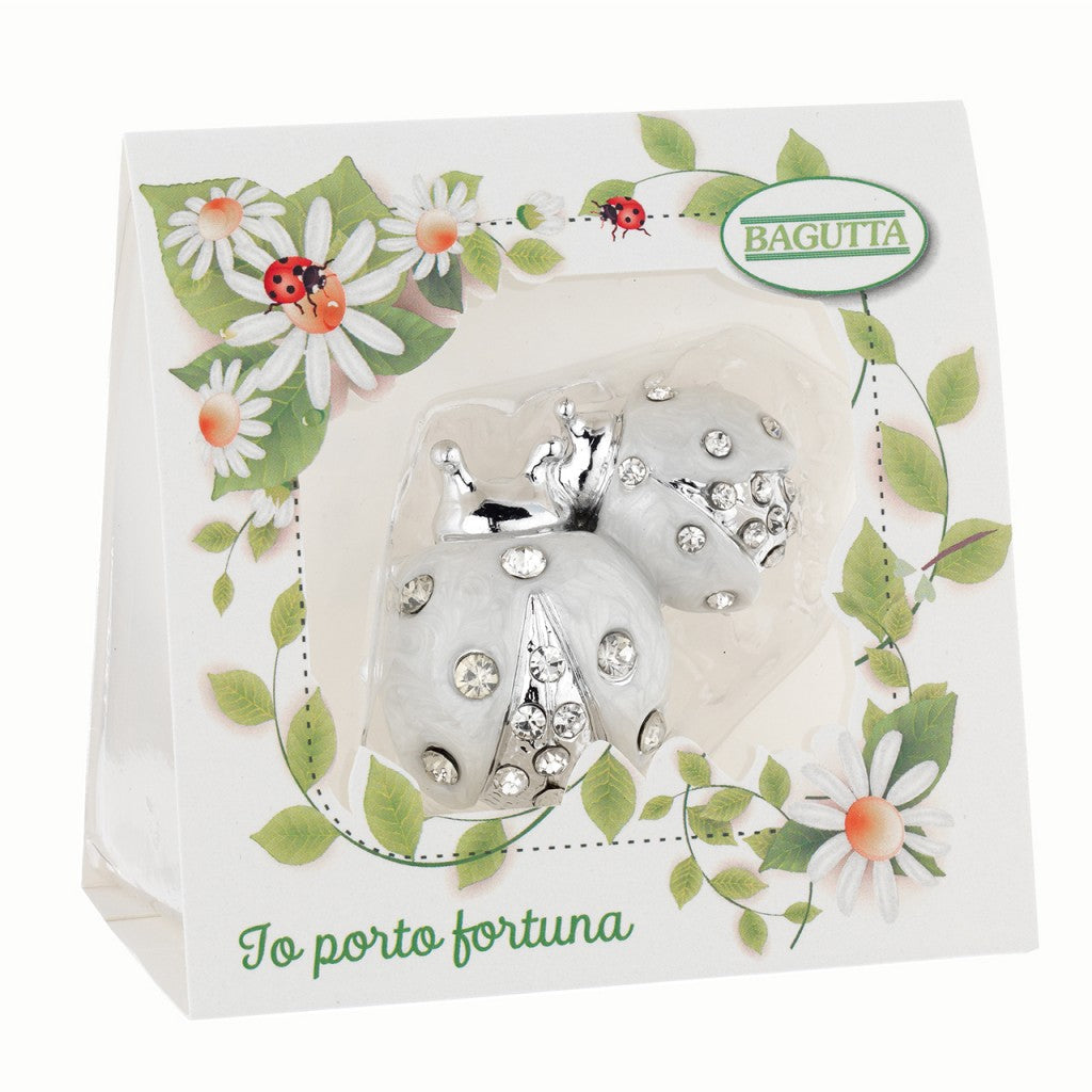 Coppia di Coccinelle argentate e smaltate con strass