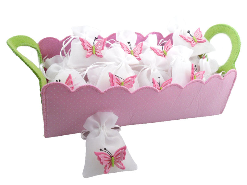 Bomboniera Sacchetto confetti organza Rosa pois Battesimo Nascita 9,5 x 6,5  x h 9 cm confezione 16 pz art 28854