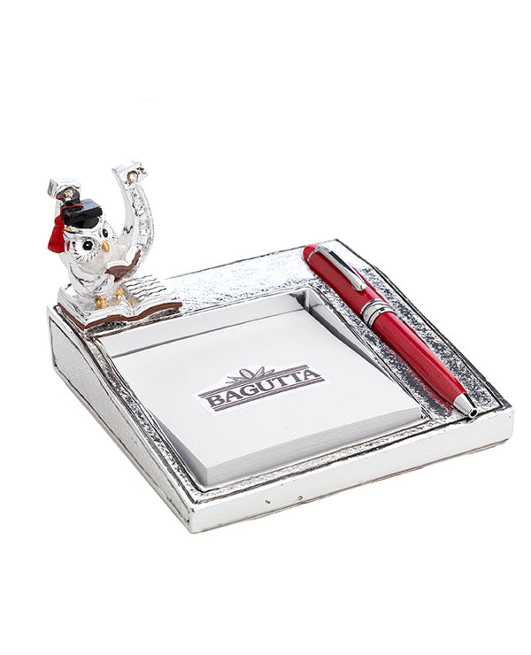 memo-stick-bagutta-porta-post-it-con penna-gufetto-ferro-di-cavallo-bomboniera-laurea