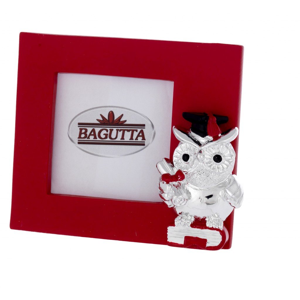 portafoto rosso bagutta con gufetto laureato argentato con pegamena