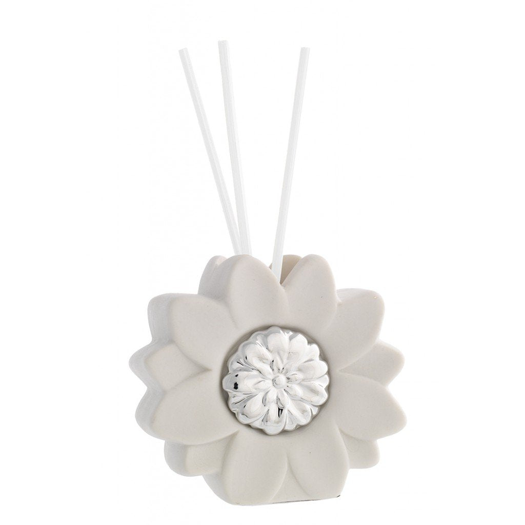 profumatore in porcellana e argento a forma di fiore con bastoncini e profumo bagutta