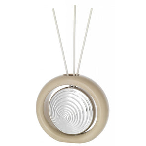 diffusore di profumo disco stilizzato in porcellana color crema e argento con bastoncini ed essenza