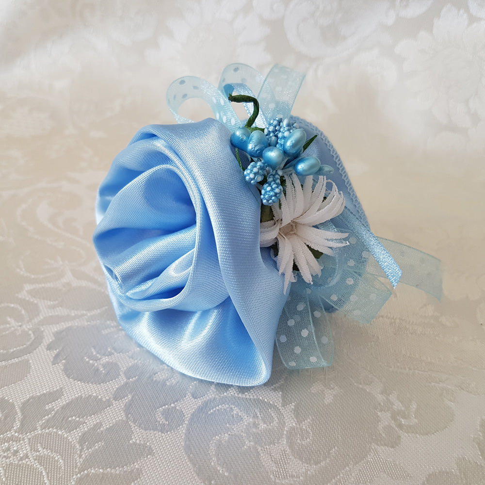 Rosa porta confetti in raso azzurro, bomboniera completa Battesimo e nascita, 30 pz