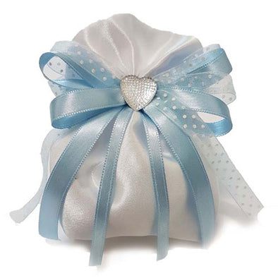 Sacchetto confetti raso bianco nastri azzurri cuore strass battesimo –  Bomboniere Infinity