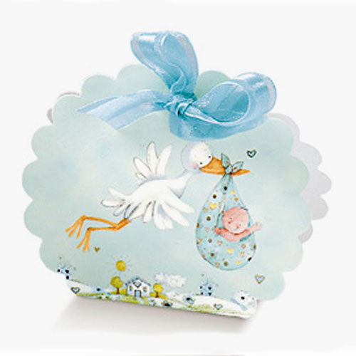 Scatolina portaconfetti cicogna azzurra per nascita e battesimo bambino