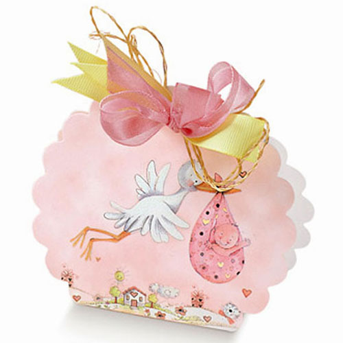 scatolina porta confetti cicogna rosa per bomboniere nascita bimba