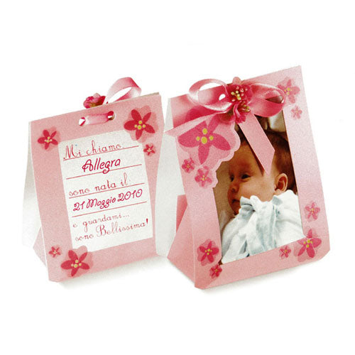 Scatolina portaconfetti cornice portafoto rosa per nascita bimba