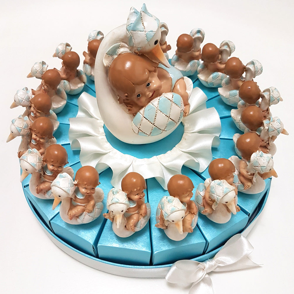 Torta bomboniera con cicogna in resina per nascita e Battesimo