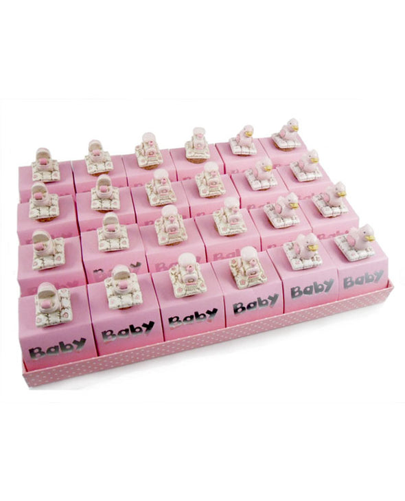 vassoio rosa con scatoline porta confetti e tappi resina